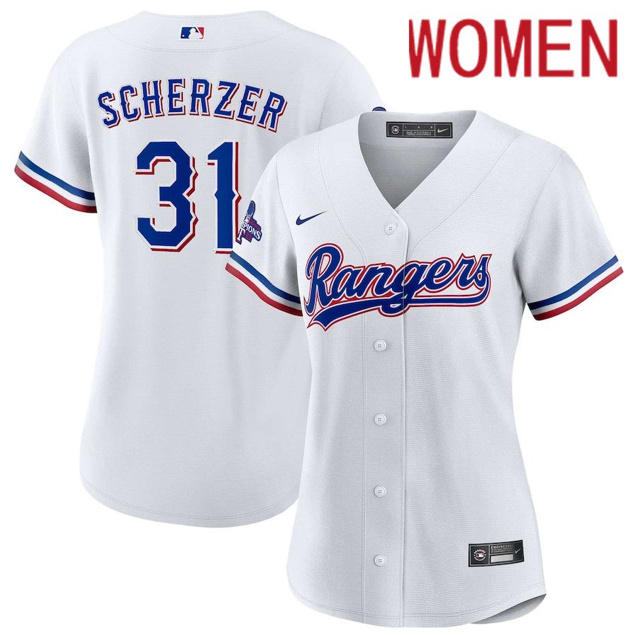 Women Texas Rangers #31 Max Scherzer Nike White Home 2023 World Series Champions Replica Player MLB Jersey